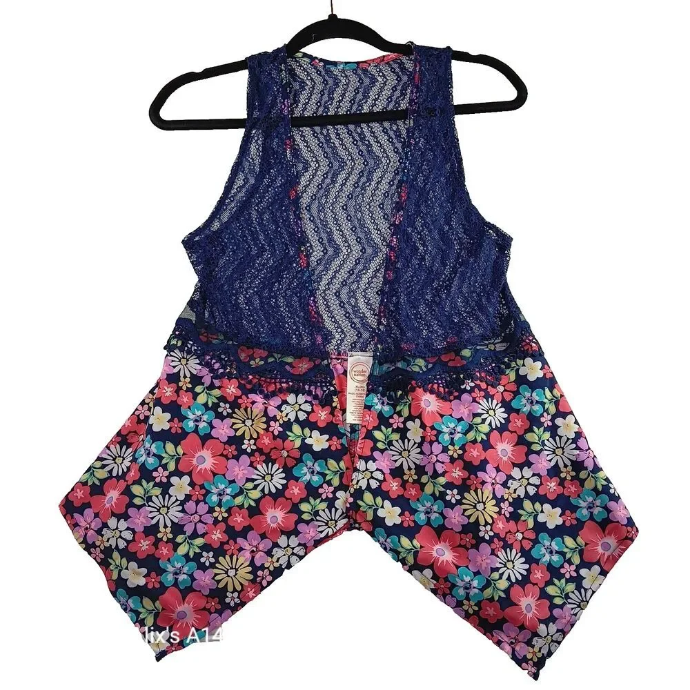 Wonder Nation Girl Multi Floral and Navy Lace Vest‎ Size XL (14 - 16)